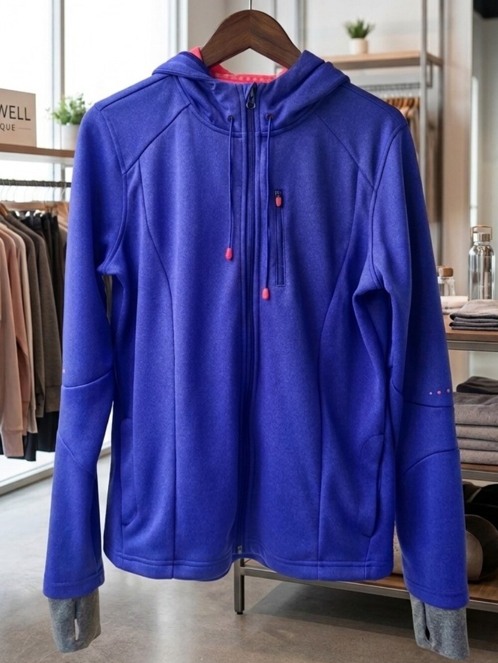 Mondetta Hooded Indigo Purple Full-Zip Jacket with Pink Accents Thumbholes Sz Lg